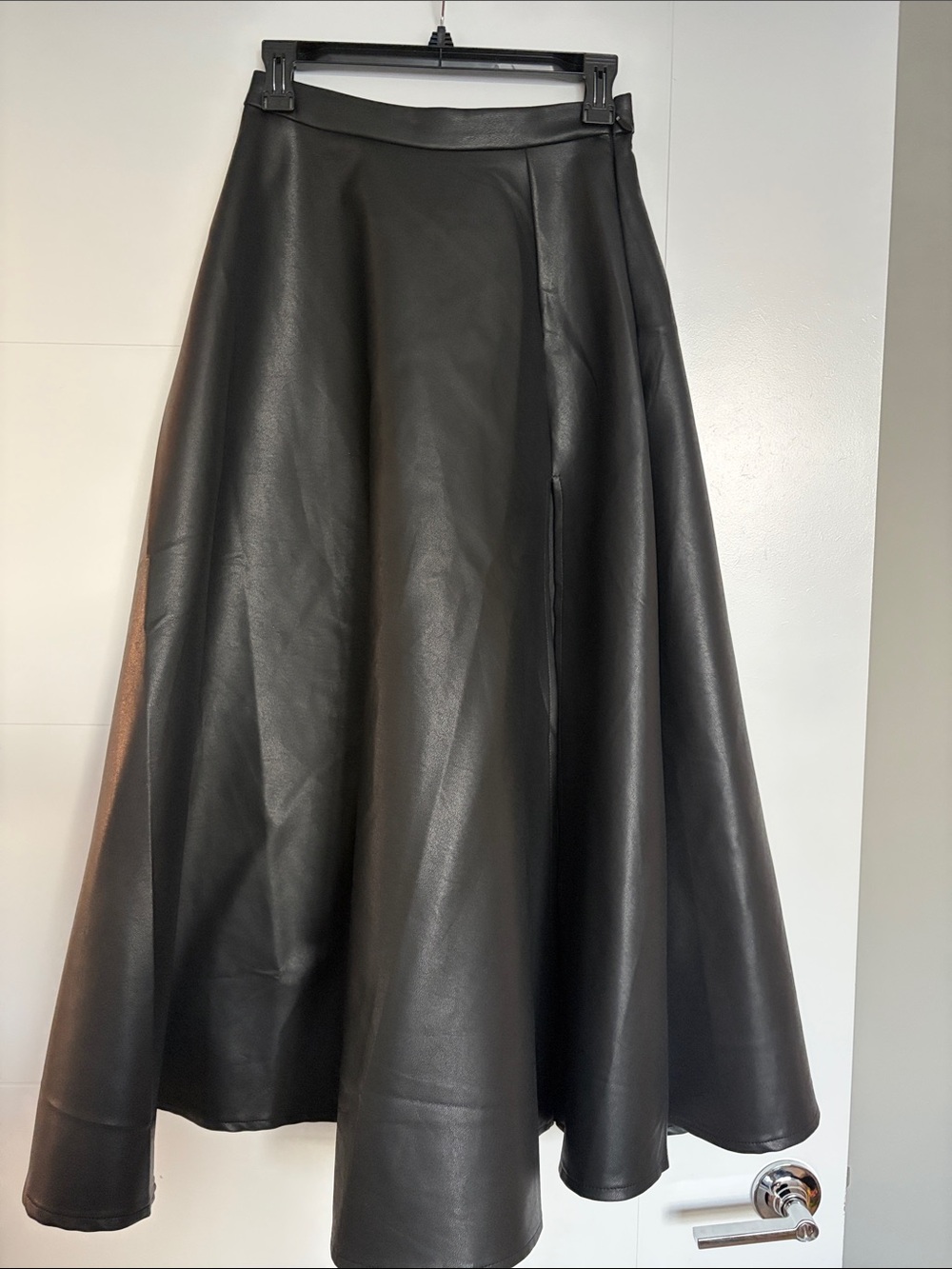 Black Faux Leather A-Line Midi Skirt - Classic Flare
